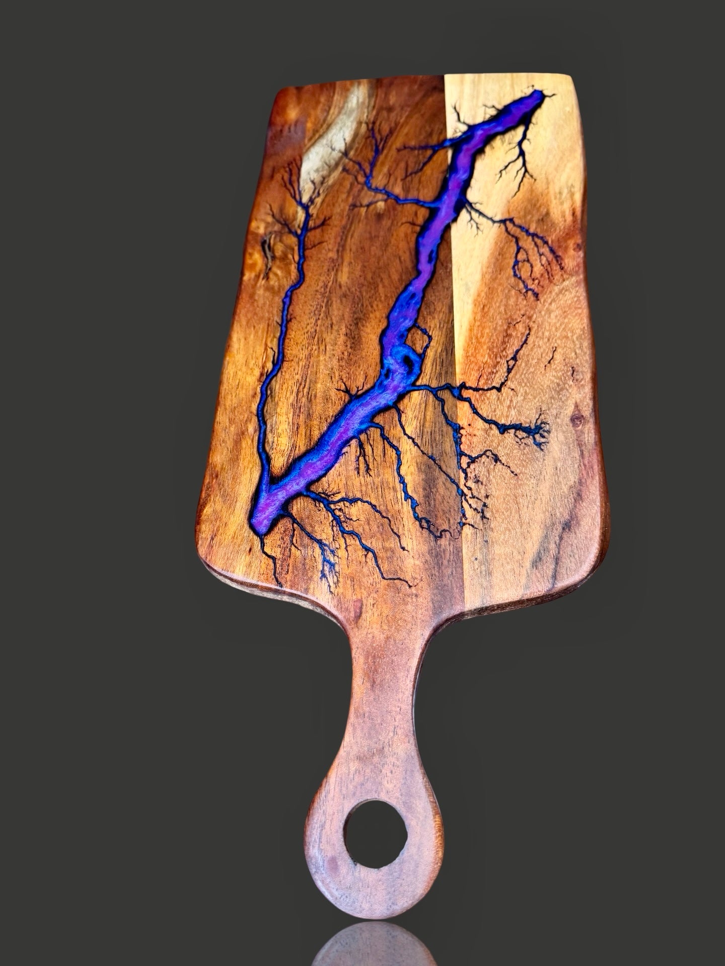 Luxury resin cheese paddle board with bold fractal burning and resin inlay. Made in Victoria, Australia by Fractal Flow Designs, perfect platter for housewarmings and special events.