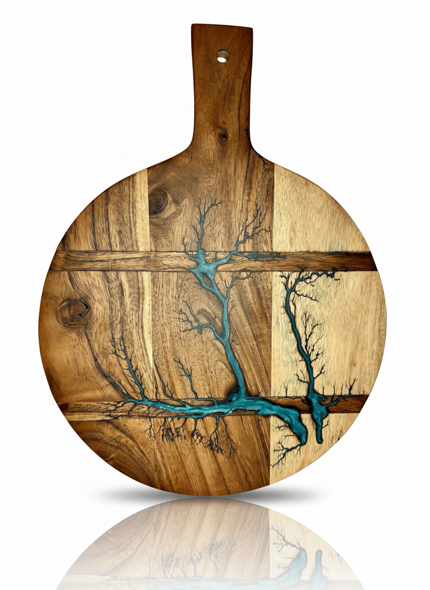 Fractal Flow Designs round resin cheese board – crafted in East Gippsland, Victoria, part of the Australian Resin Boards collection, artisan timber serving platter with resin inlay for cheese, grazing, and entertaining.
