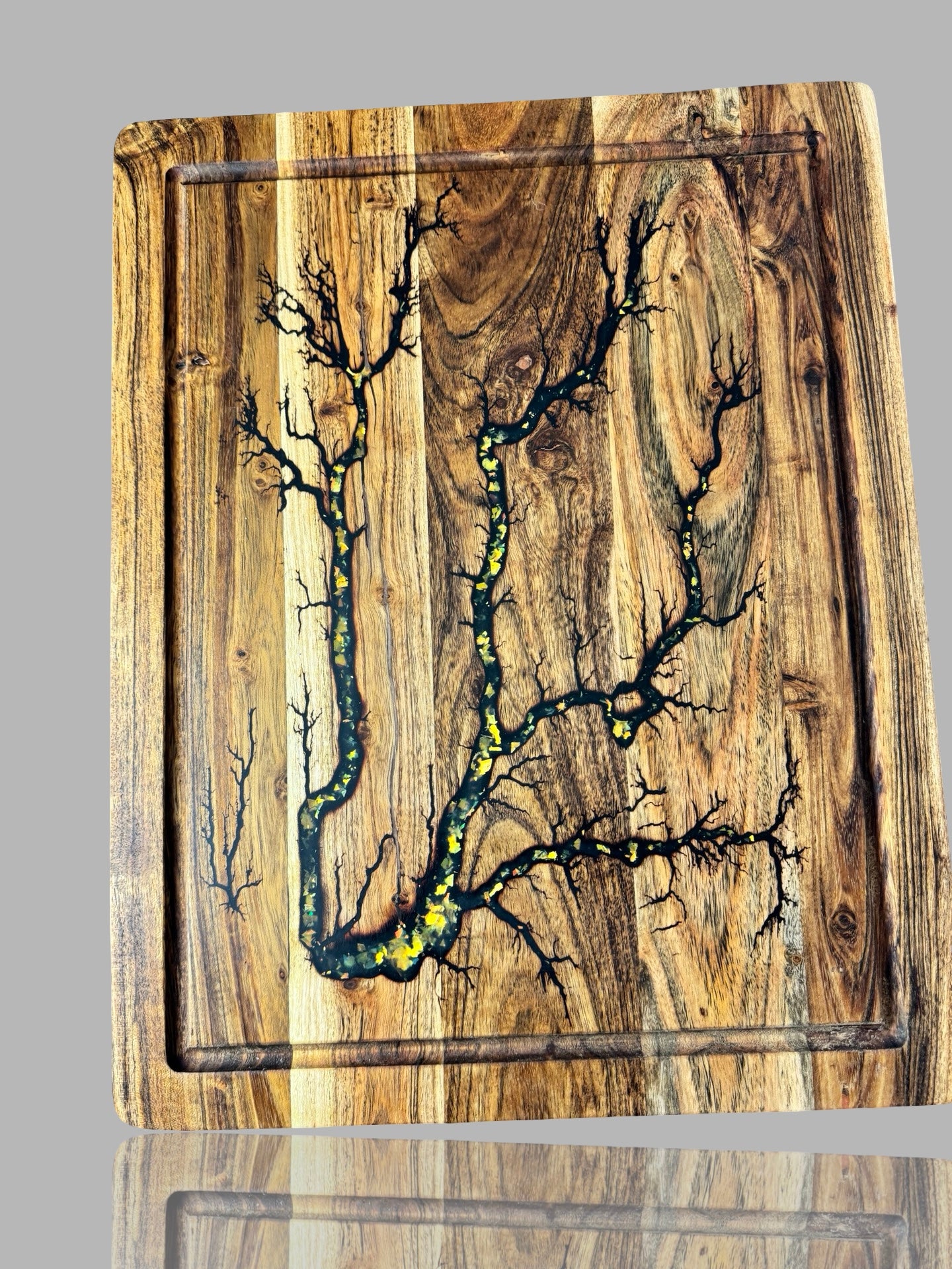 Australian hardwood resin chopping board by Fractal Flow Designs, East Gippsland — artisan-made with electrifying fractal burn detailing.