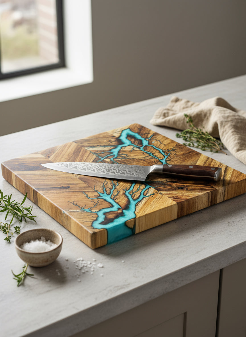 Timber and resin chopping board handmade in Australia by Fractal Flow Designs — bold design, durable finish, perfect for food prep or serving