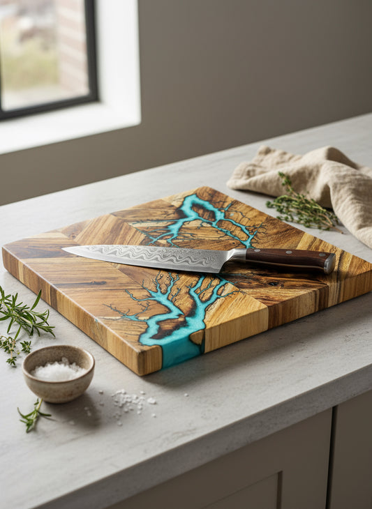 Timber and resin chopping board handmade in Australia by Fractal Flow Designs — bold design, durable finish, perfect for food prep or serving