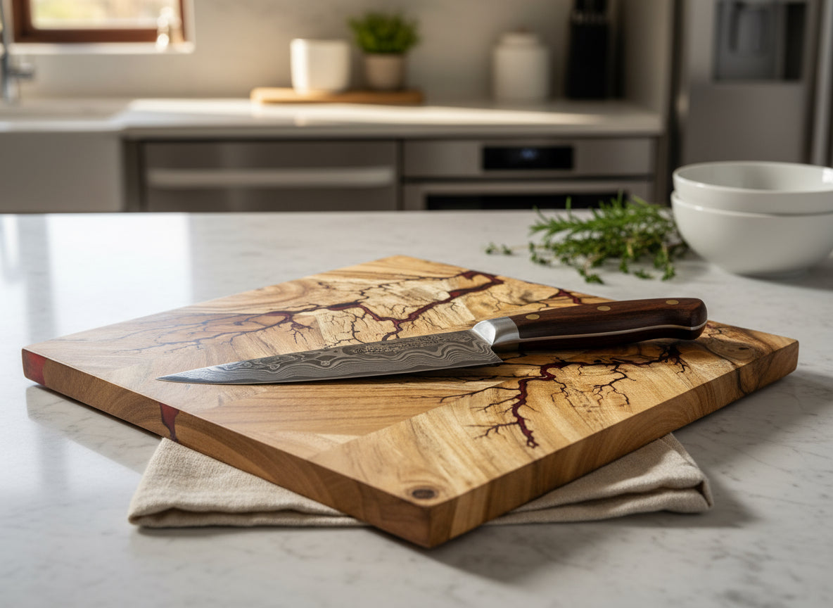 Fractal Flow Designs resin chopping board with bold resin inlay and artisan craftsmanship. Handmade in Victoria, Australia, perfect for entertaining and special occasions.