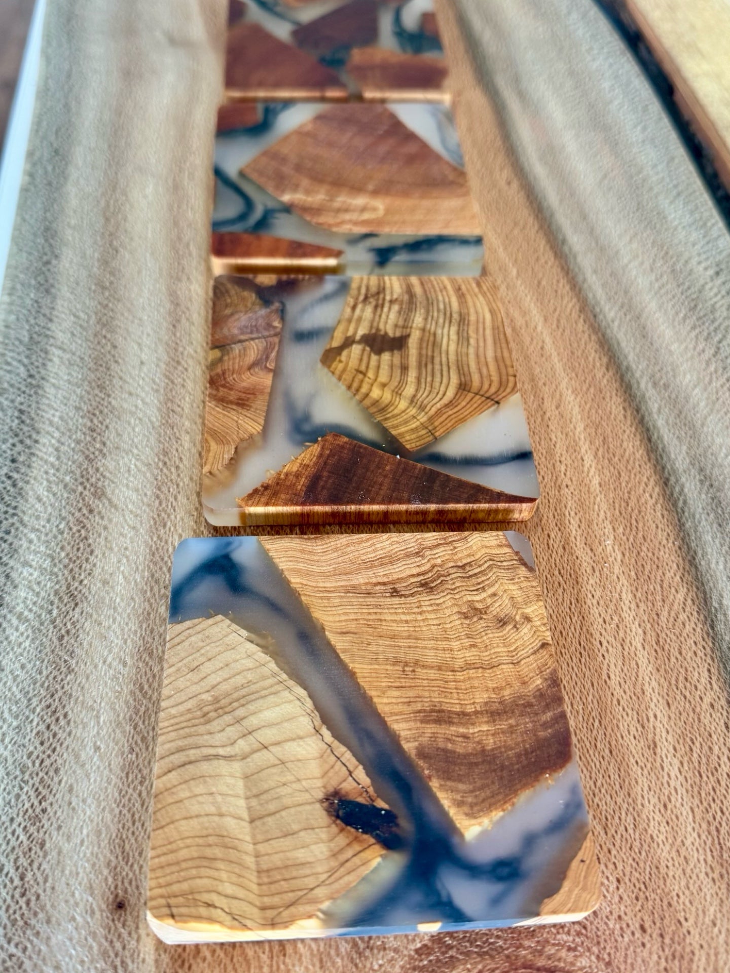 Close up view of Handcrafted resin and wood coasters by Fractal Flow Designs – premium Australian-made table-ware accessories from East Gippsland - Victoria