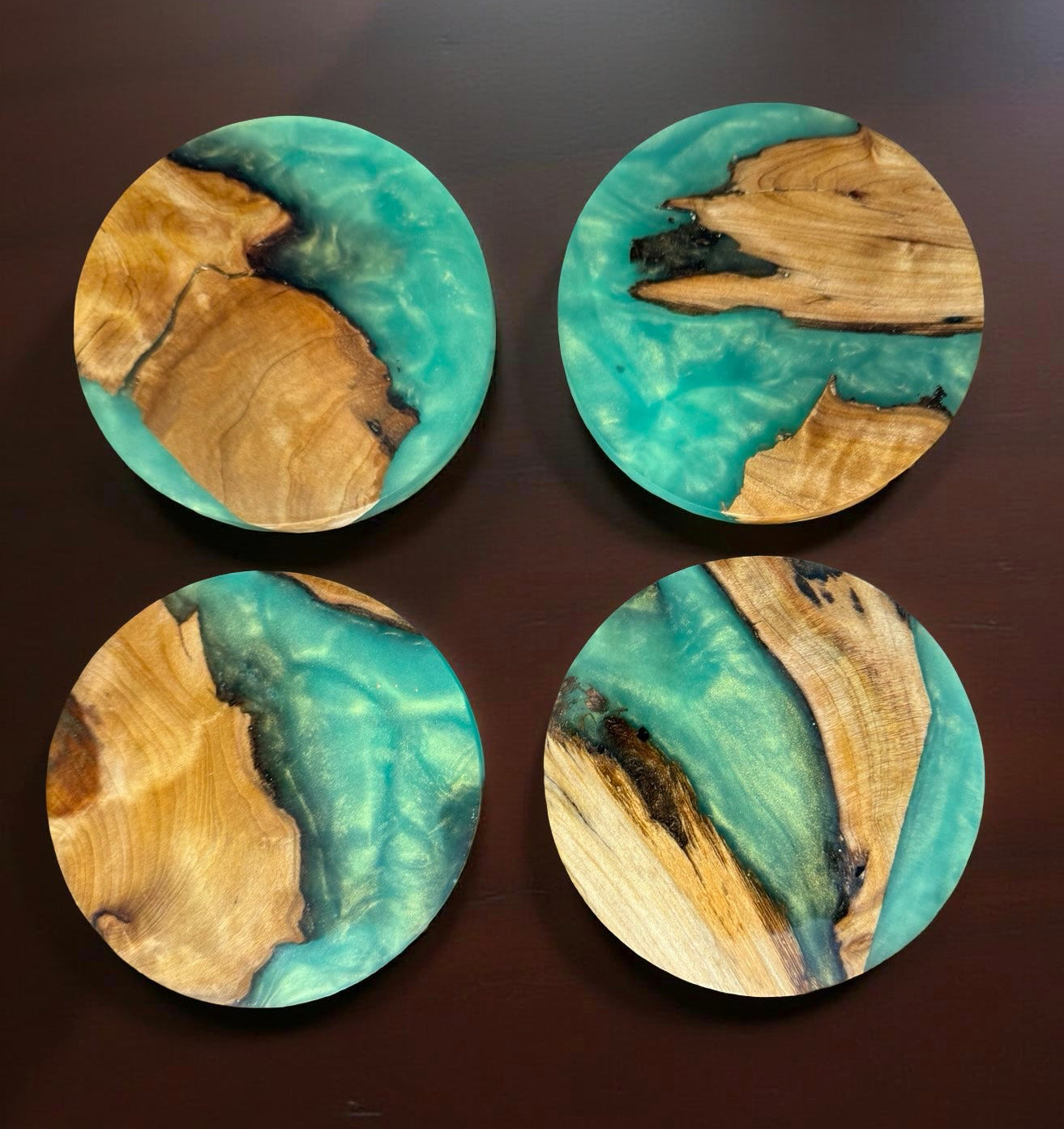 Premium green resin and wood coaster round handmade timber home decor