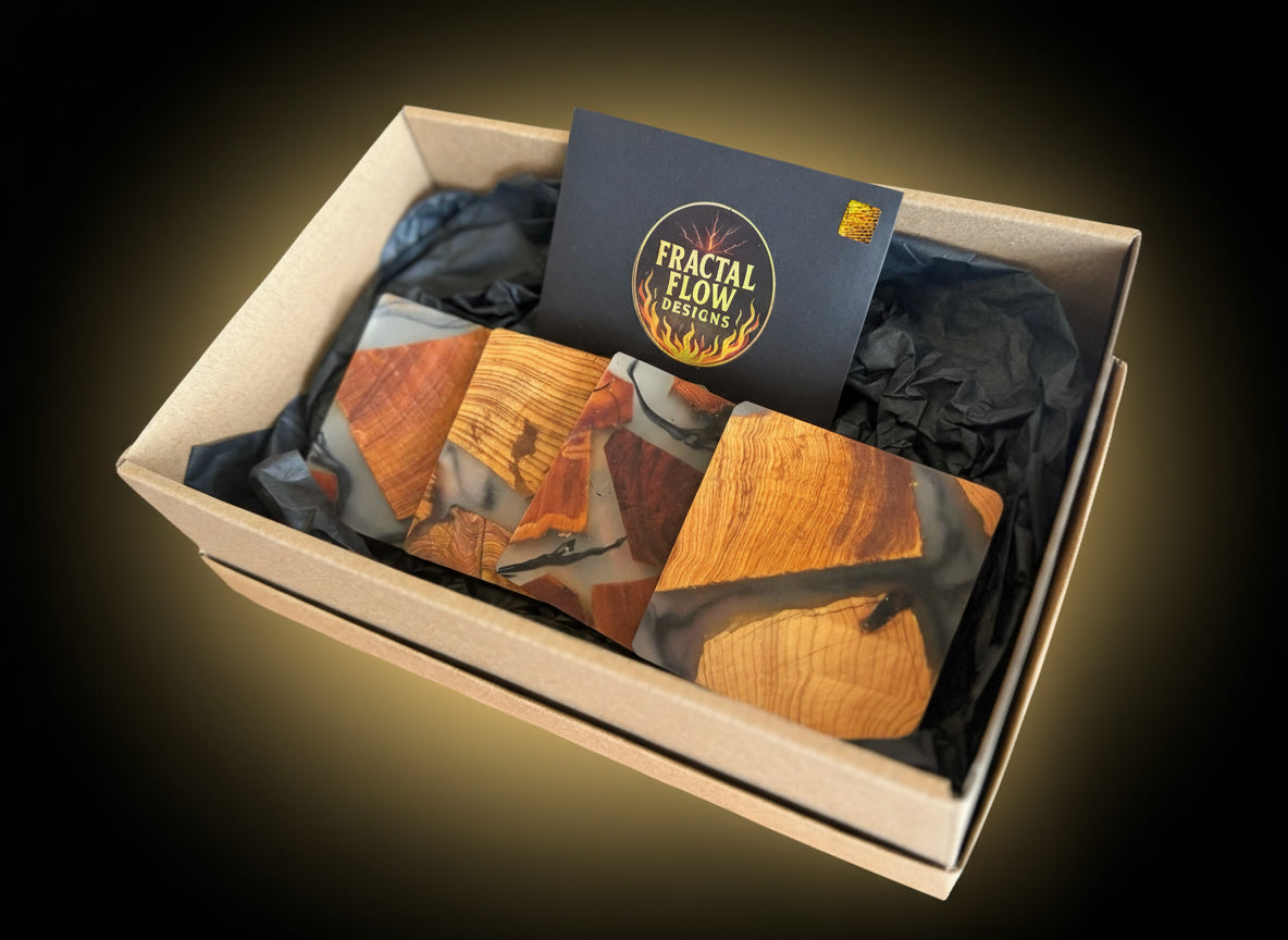 Handcrafted resin and wood coasters by Fractal Flow Designs – Australian-made acacia timber coasters with bold resin art, perfect for home décor and gifting | East Gippsland Resin Boards