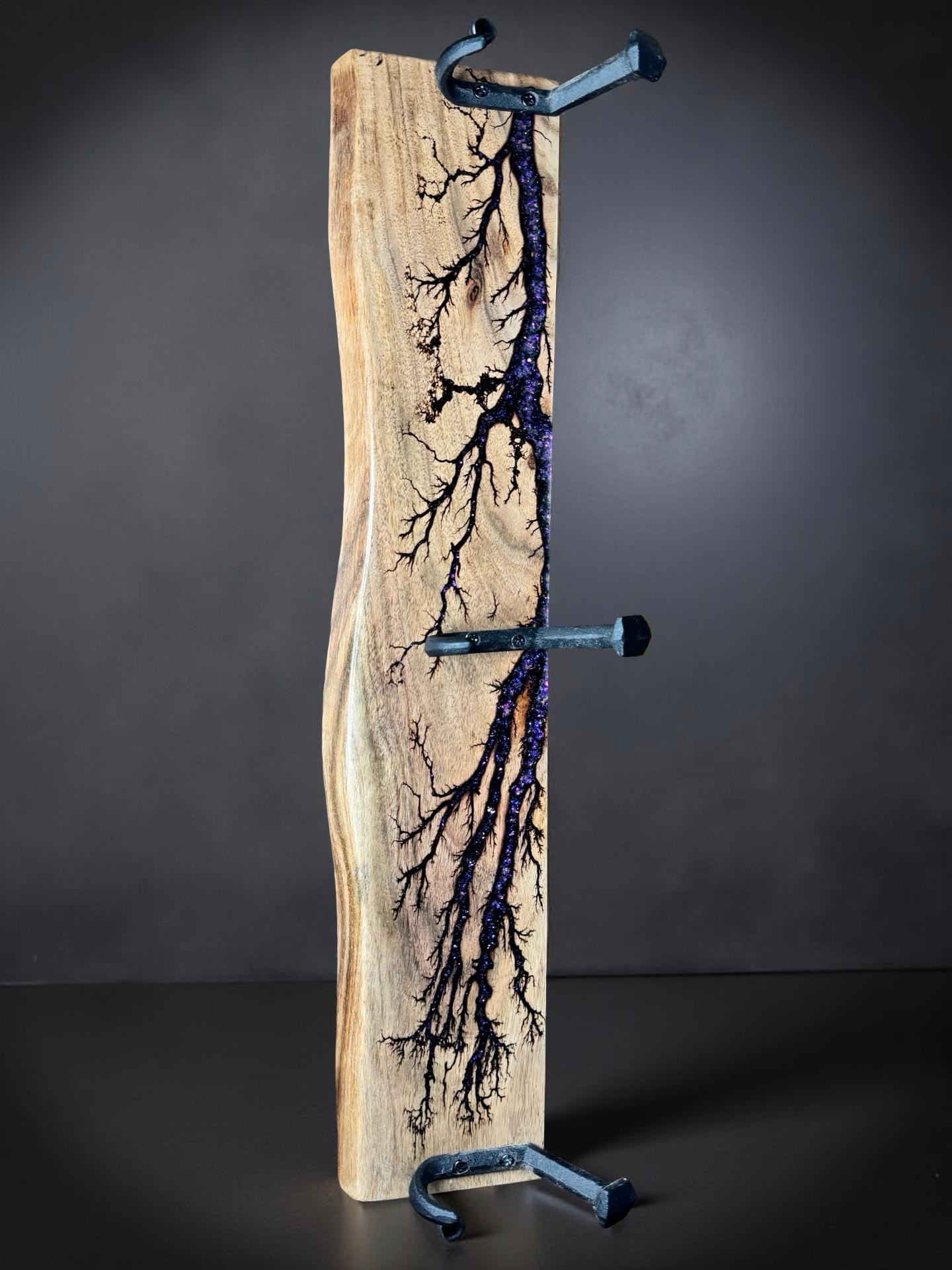 Purple toned resin coat rack with timber grain and fractal detail, handmade Australia