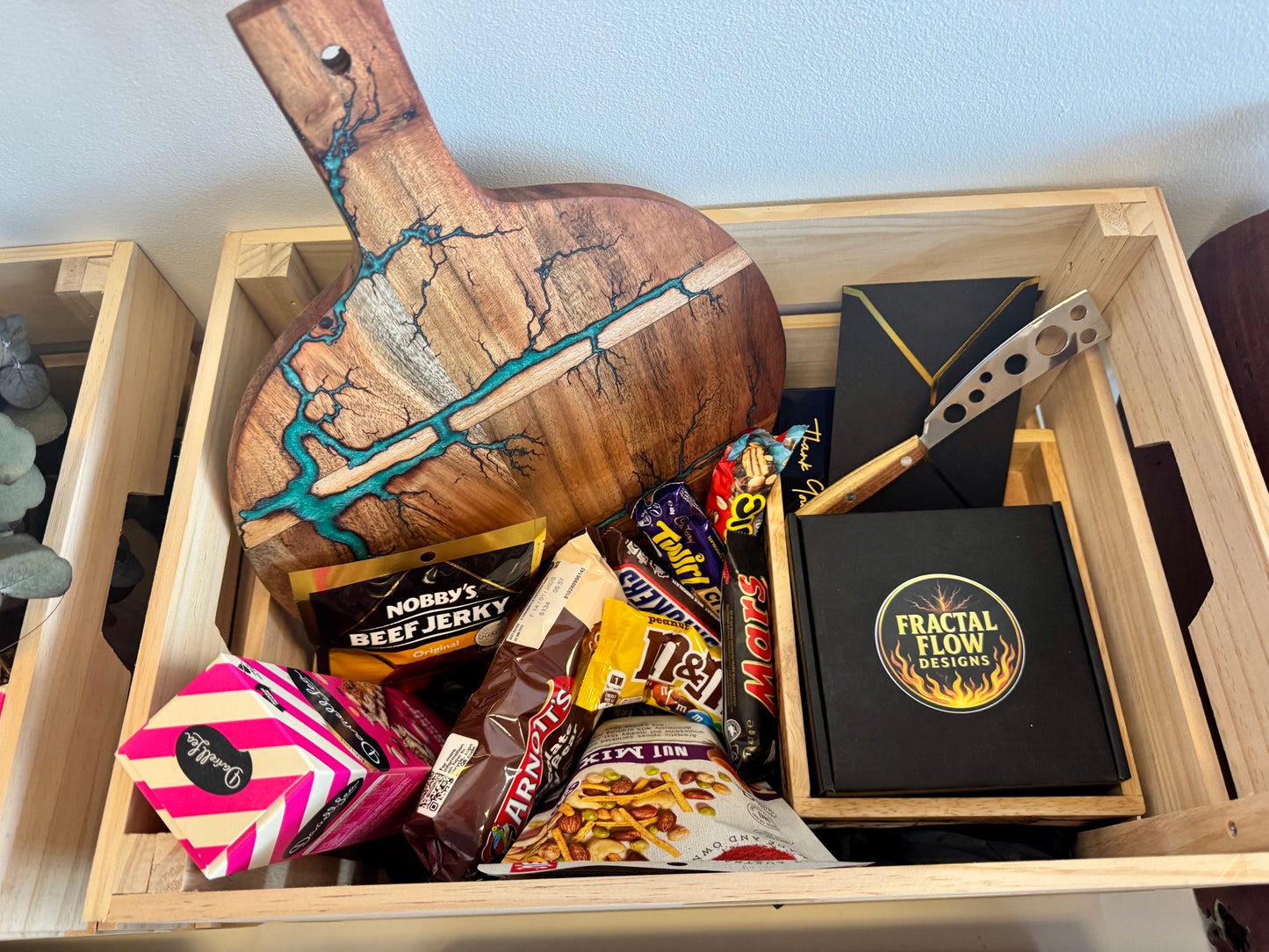 Premium resin board gift box handmade by Fractal Flow Designs in Bairnsdale, Victoria – Australian timber platter set, luxury gift-ready and ships nationwide.