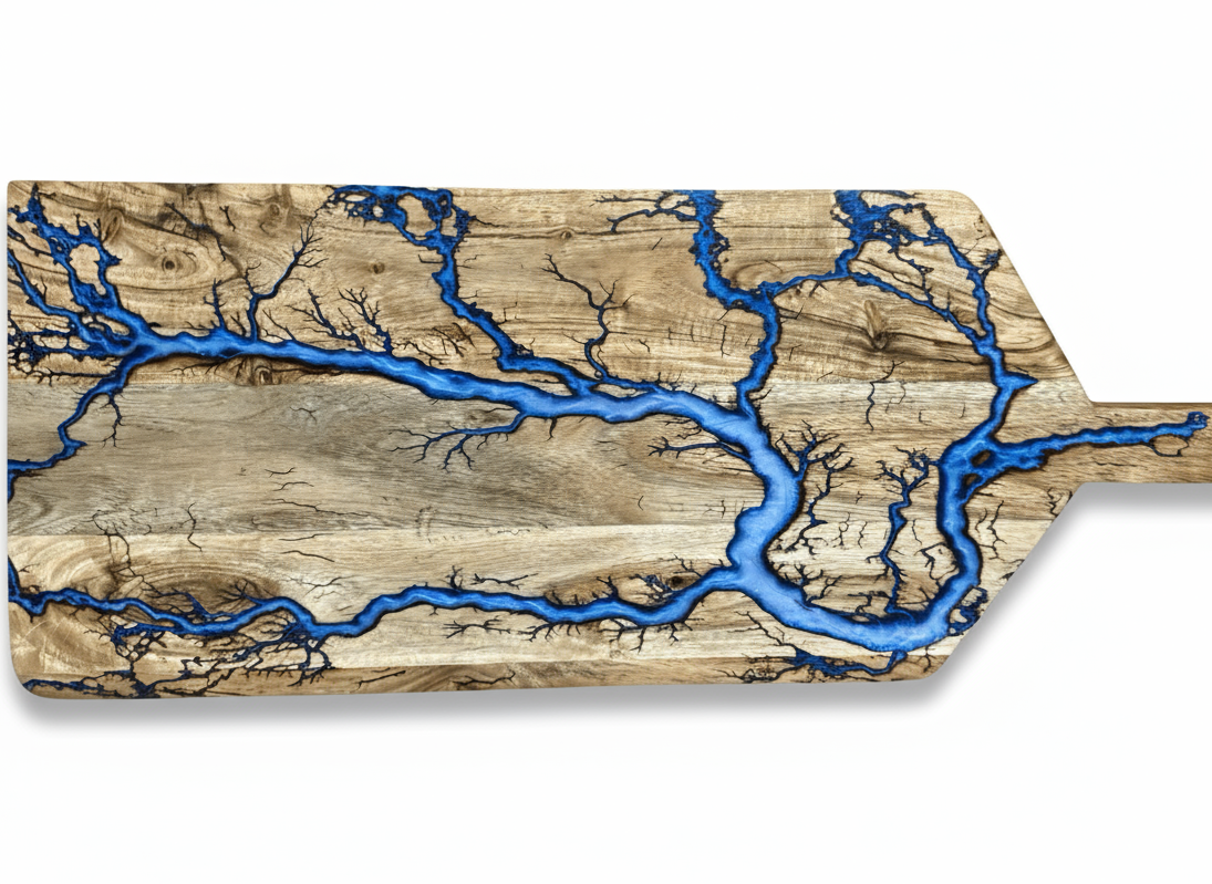 Fractal Flow Designs large grazing paddle – part of the Australian Resin Boards collection, 72cm x 30cm artisan timber and resin serving platter, ideal for cheese lovers, charcuterie spreads, and special occasion gifting across Australia.
