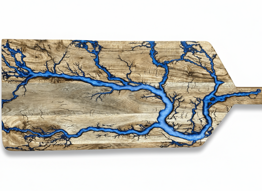 Fractal Flow Designs large grazing paddle – part of the Australian Resin Boards collection, 72cm x 30cm artisan timber and resin serving platter, ideal for cheese lovers, charcuterie spreads, and special occasion gifting across Australia.