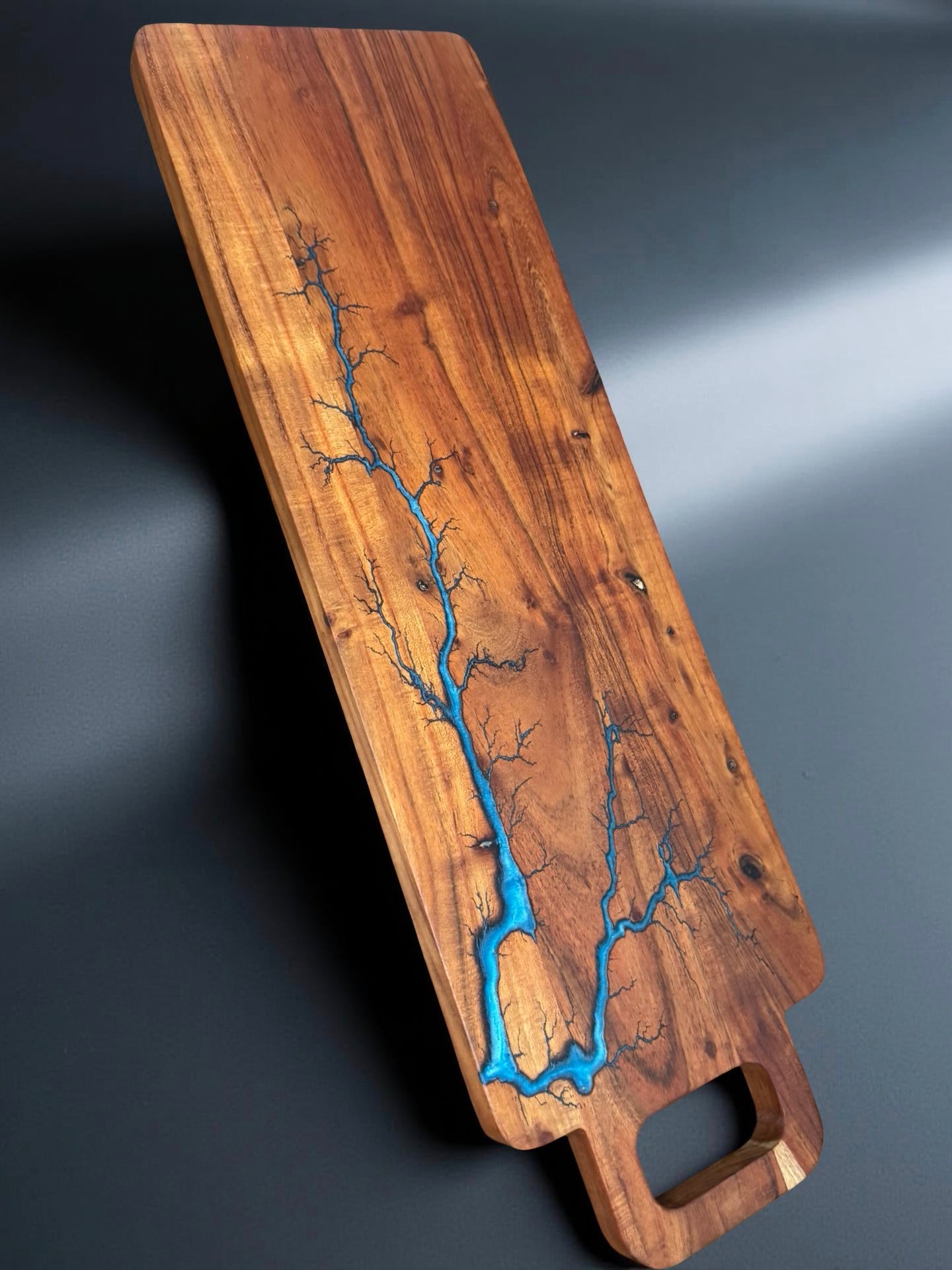 Long resin cheese board handcrafted from Australian timber and blue resin boards Australia