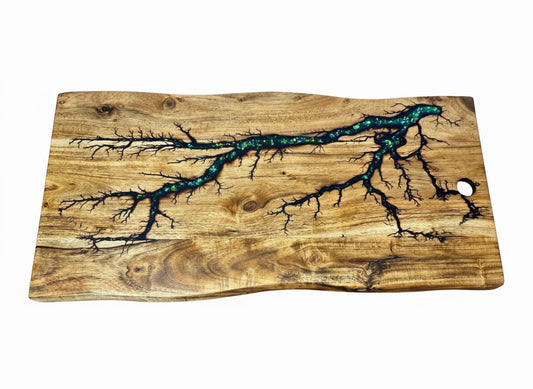 Handmade live edge resin serving paddle – premium charcuterie platter and cheese board, made in Australia by Fractal Flow Designs.