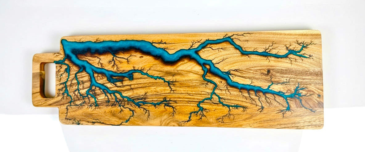 Teal resin grazing and charcuterie board long size artisan made in East Gippsland by Fractal Flow Designs Australian resin boards premium serving board