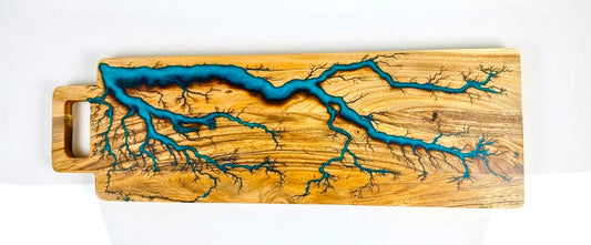 Teal resin grazing and charcuterie board long size artisan made in East Gippsland by Fractal Flow Designs Australian resin boards premium serving board