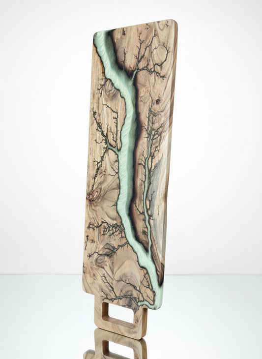 Premium long serving board featuring gold iridescent resin artwork on live edge Australian timber