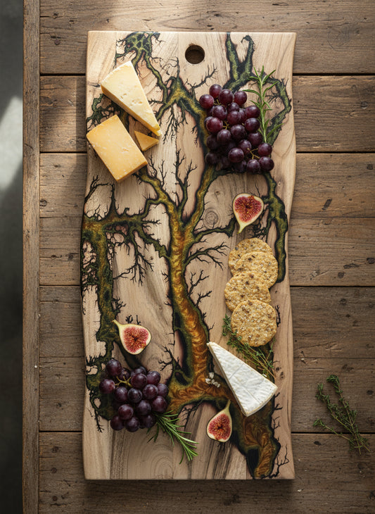 Resin serving platter handcrafted in East Gippsland by Fractal Flow Designs featuring fractal burning art gold resin detail sustainable Australian timber and food safe resin finish perfect for entertaining and gifting