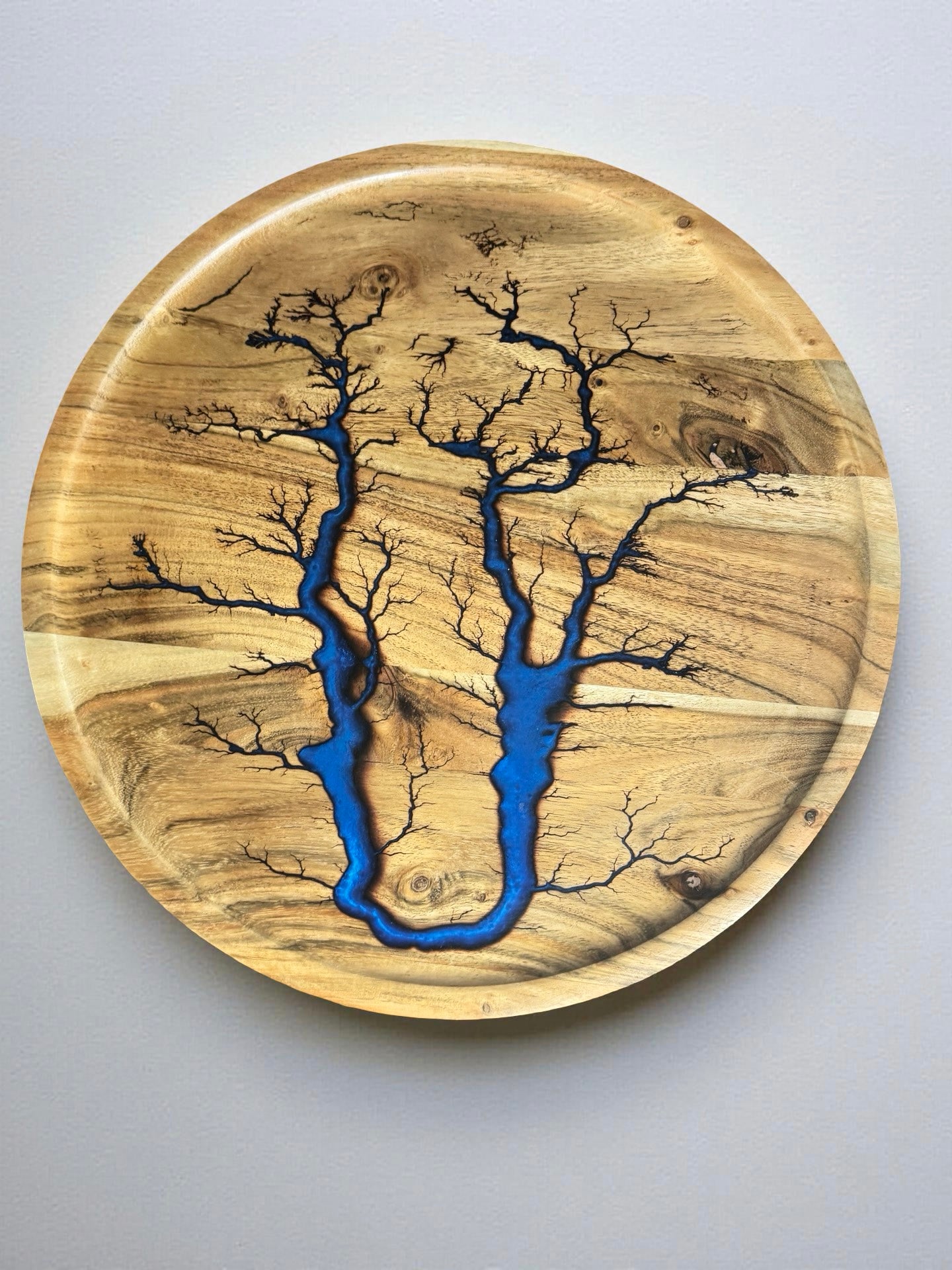 Sapphire blue resin round tray handcrafted sustainable Australian timber East Gippsland