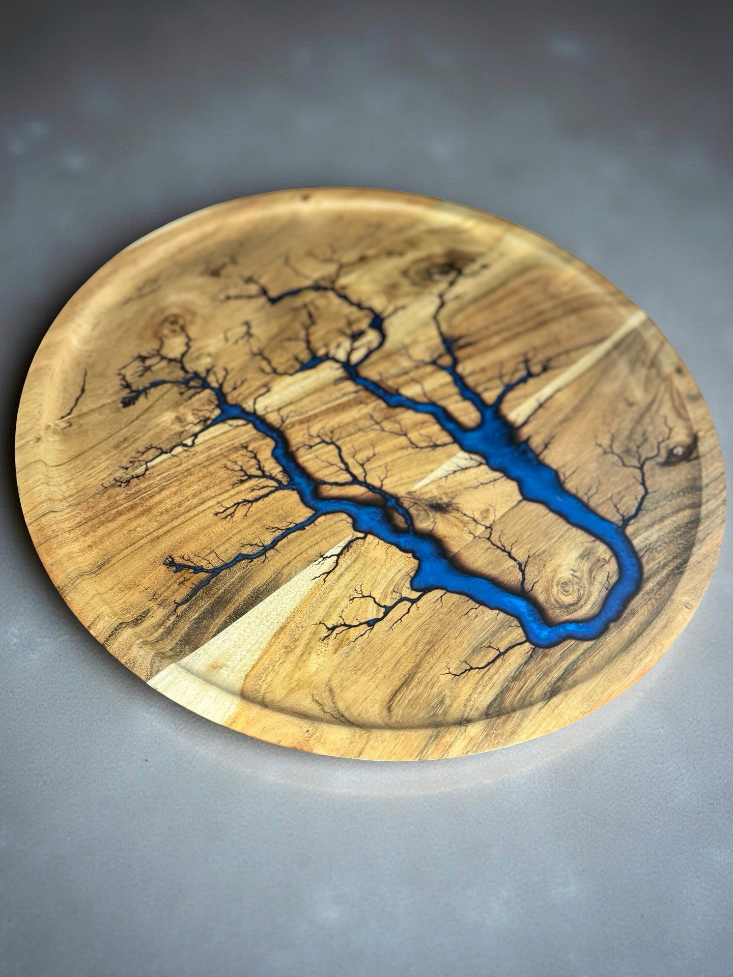Handcrafted sapphire blue round tray food safe resin and timber East Gippsland