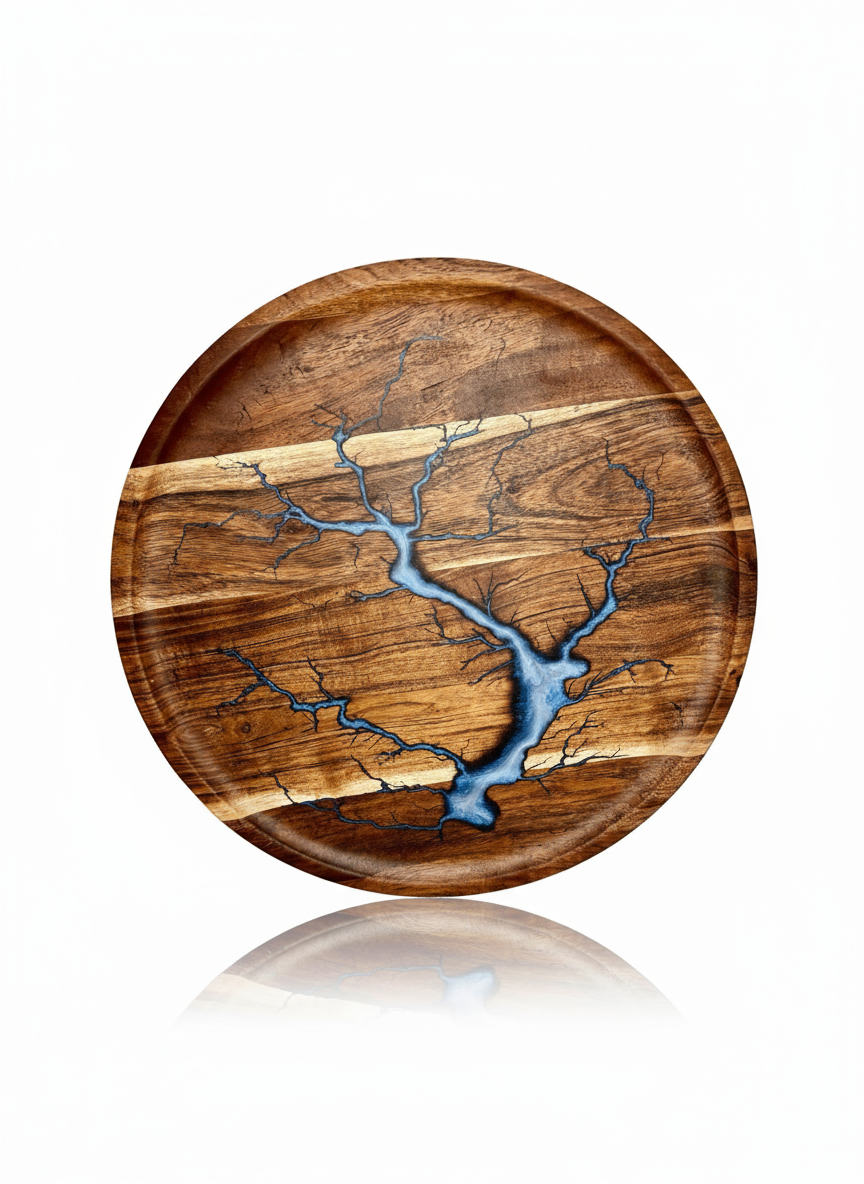 Round resin serving tray handmade by Fractal Flow Designs in Bairnsdale Victoria – premium Australian timber platter for cheese, grazing, charcuterie and luxury gift occasions