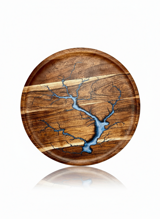 Round resin serving tray handmade by Fractal Flow Designs in Bairnsdale Victoria – premium Australian timber platter for cheese, grazing, charcuterie and luxury gift occasions