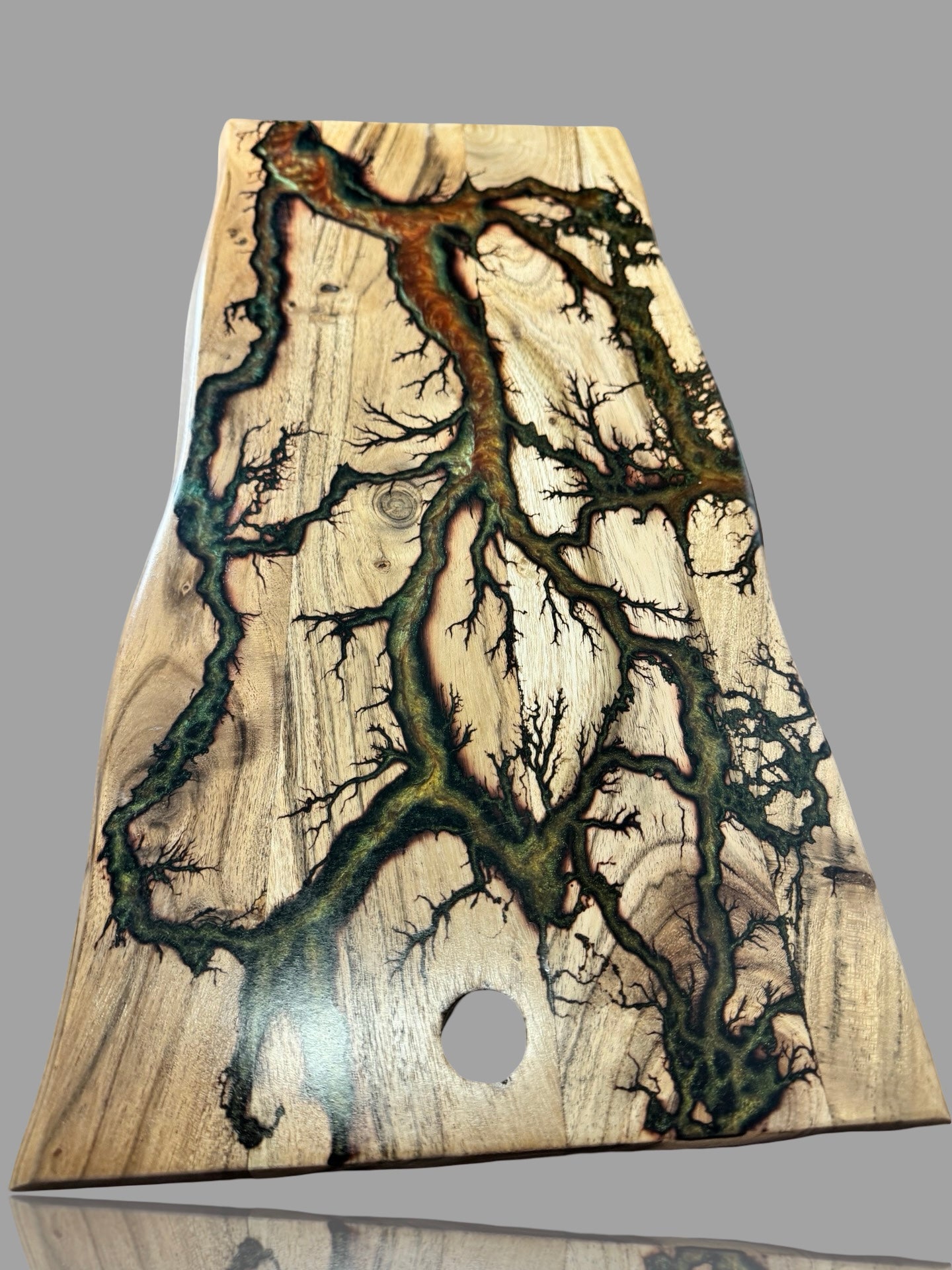Gold green red chameleon resin live edge charcuterie board by Fractal Flow Designs handcrafted in East Gippsland featuring fractal burning art sustainable Australian timber and food safe resin finish