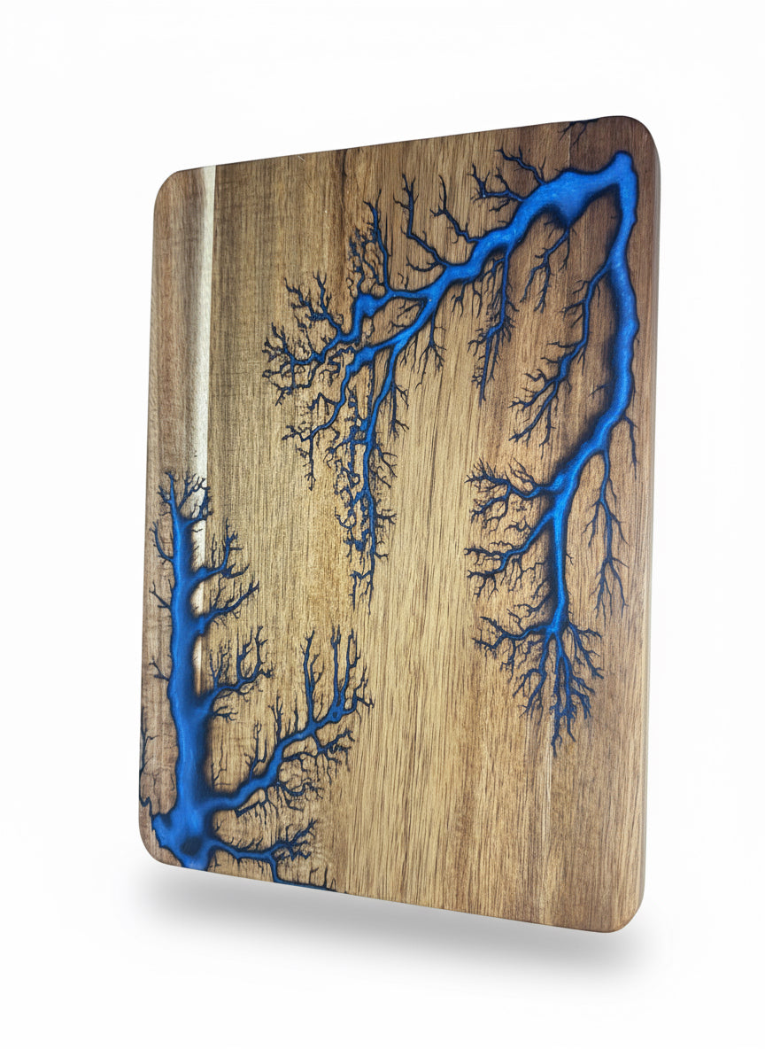 Premium Australian resin chopping board handcrafted in Bairnsdale - Victoria by Fractal Flow Designs - Made from sustainable hardwood and iridescent blue food-safe resin — perfect for kitchen use - serving or gifting - Australian-made quality and design built to last