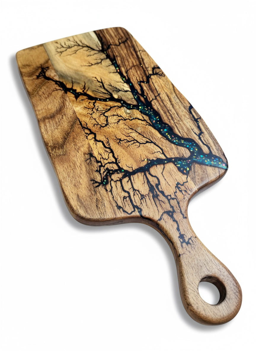 Resin cheese paddle platter from Fractal Flow Designs, crafted with premium Australian hardwood. Perfect board for wine nights, weddings, and housewarming celebrations.