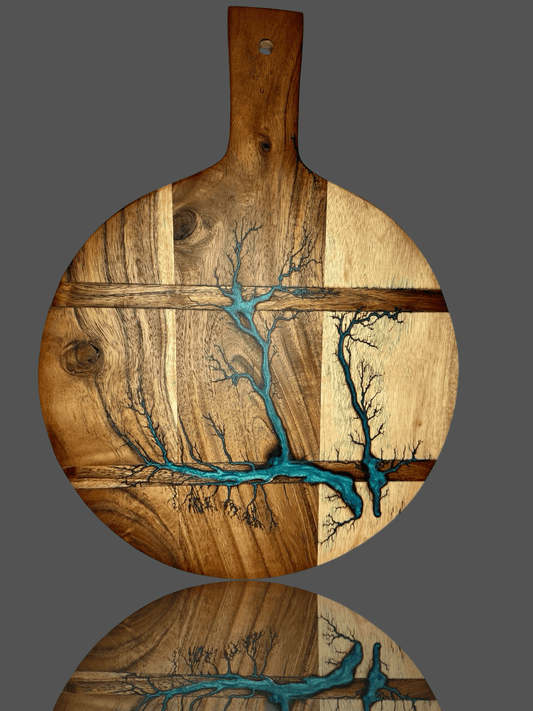 Handmade round resin cheese board paddle – premium Australian timber with bold resin art, artisan grazing platter for weddings, birthdays, and special occasions