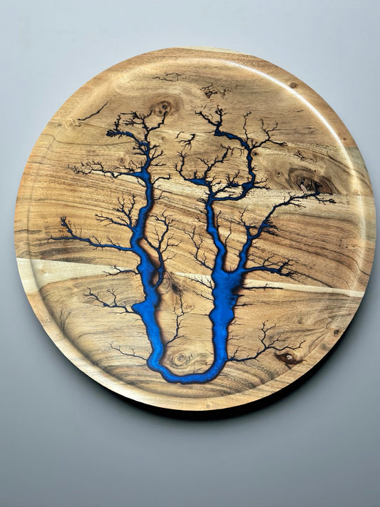 Sapphire blue round resin tray electrifying fractal burning detail artisan made