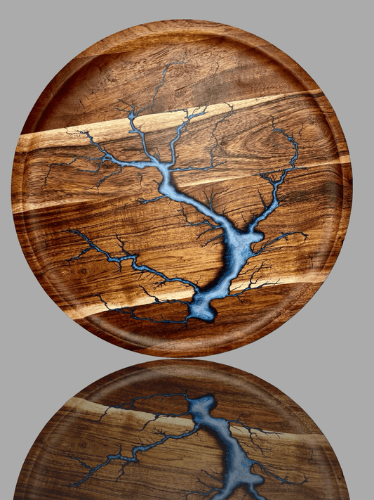 Round resin serving tray handmade by Fractal Flow Designs in Bairnsdale Victoria – premium Australian timber platter for cheese, grazing, charcuterie, and luxury gift occasions.
