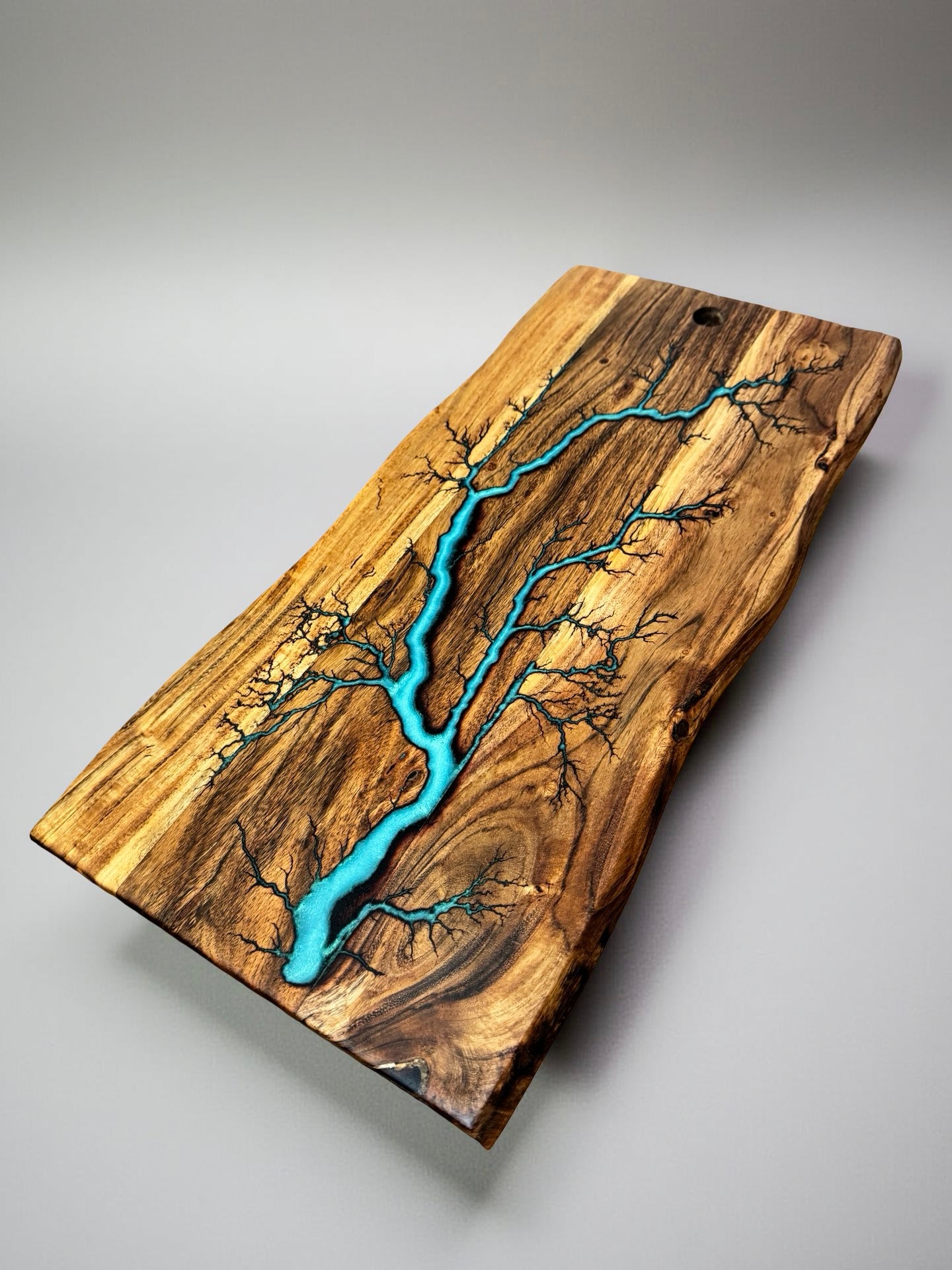 Handmade live edge platter green iridescent resin with lightning strike fractal burn pattern, Australian made