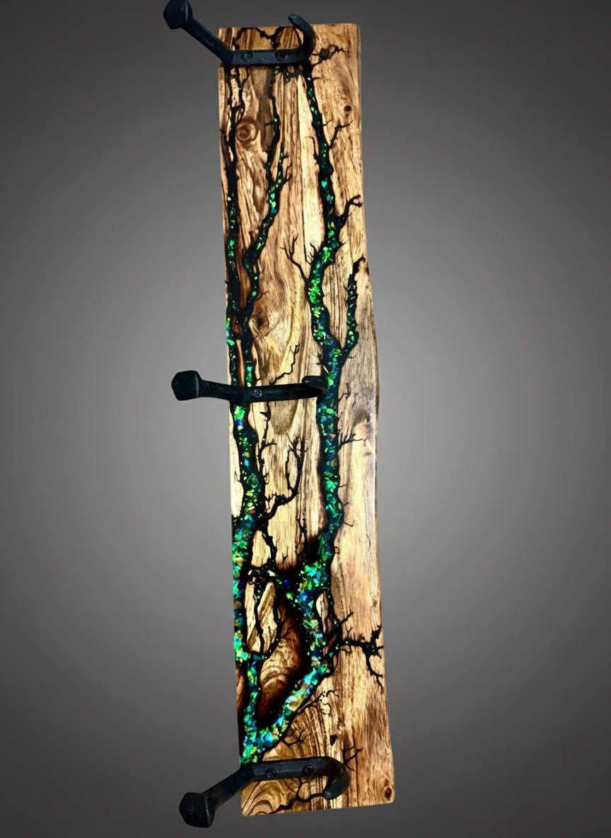 Magic Opal resin timber coat rack 550mm x 110mm x 20mm handcrafted in Bairnsdale Victoria by Fractal Flow Designs Australian made home decor featuring iridescent resin art and fractal burning detail