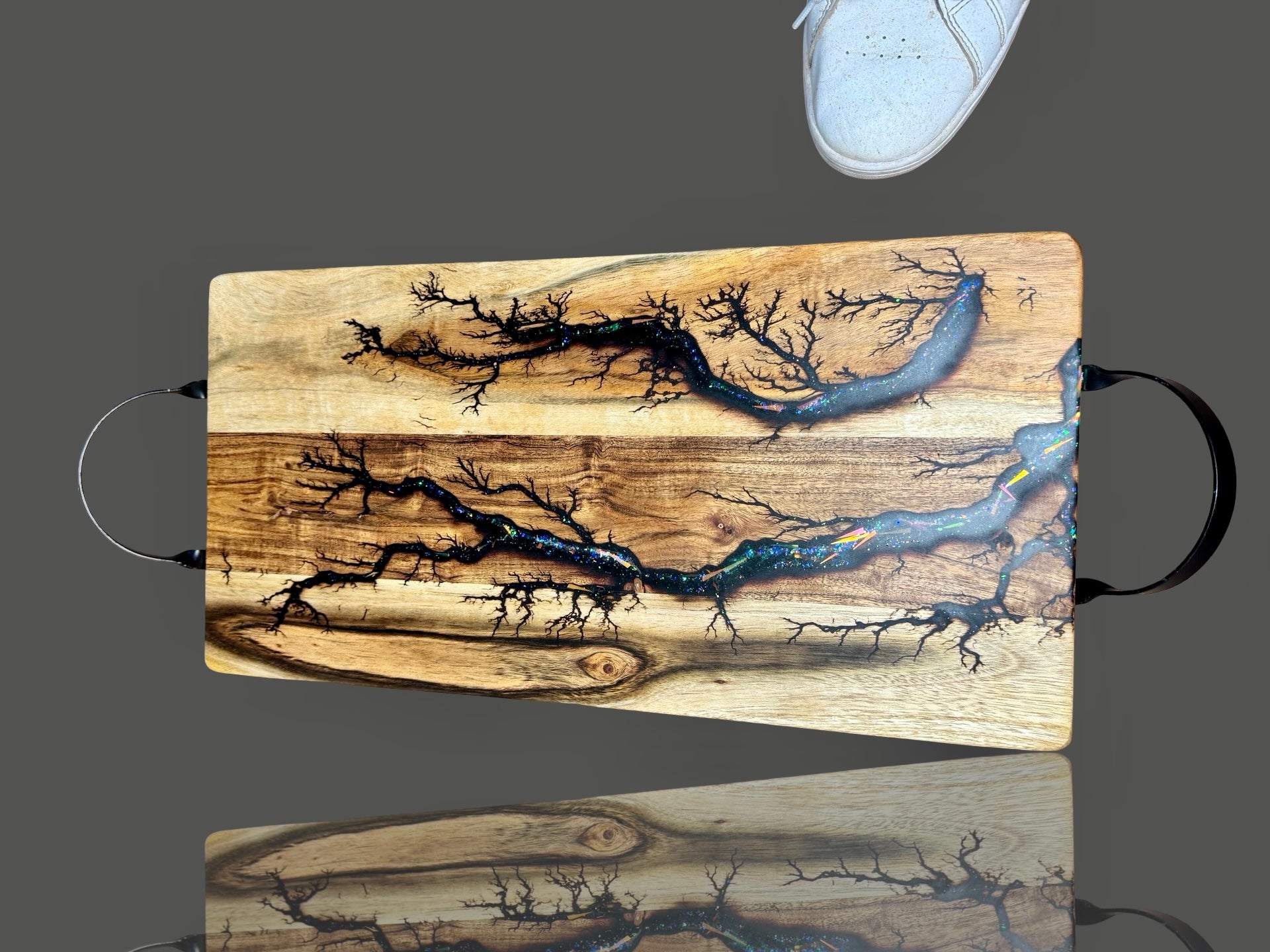 Artisan Australian resin timber grazing board for cheese and wine made in Australia by the best fractal burning artist in Australia 