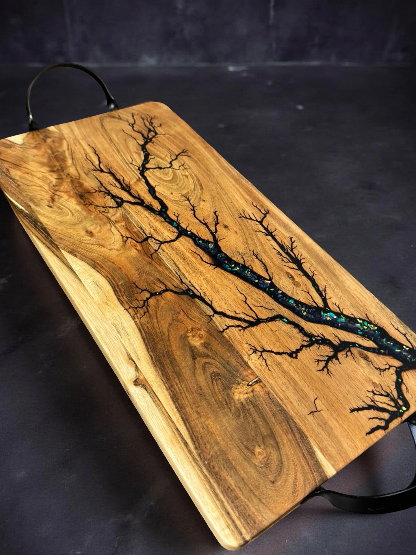 Timber serving board with electric resin art handcrafted in Australia