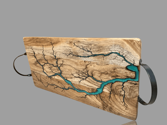 Handmade resin serving board with bold resin inlay and fractal burning. Created in Victoria by Fractal Flow Designs, perfect for anniversaries, housewarmings, and corporate gifting options