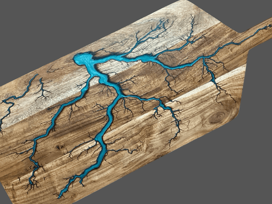 Artisan large grazing paddle, handcrafted with fractal burning and resin inlay – luxury Australian timber board for cheese, grazing, weddings, and housewarming gifts.