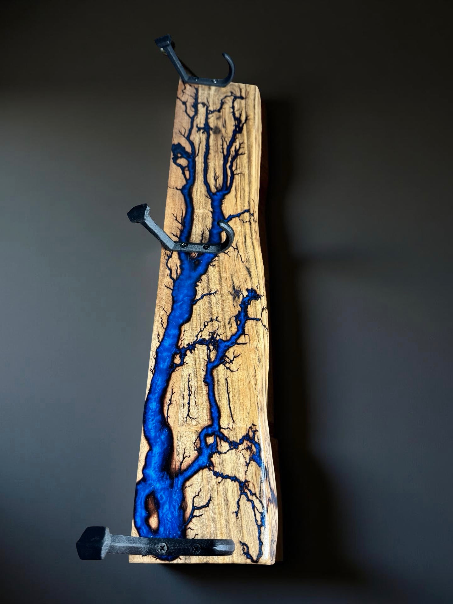 Blue resin coat rack with unique grain pattern, premium handmade wall décor