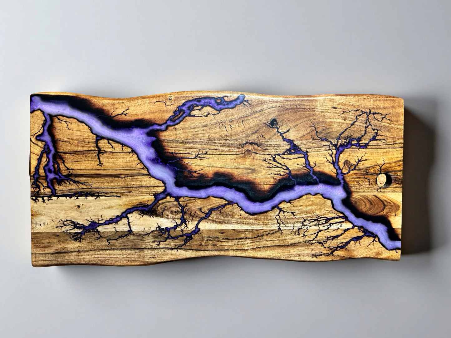 Live edge board iridescent purple resin art with electric lightning burn design, premium grazing board Australia