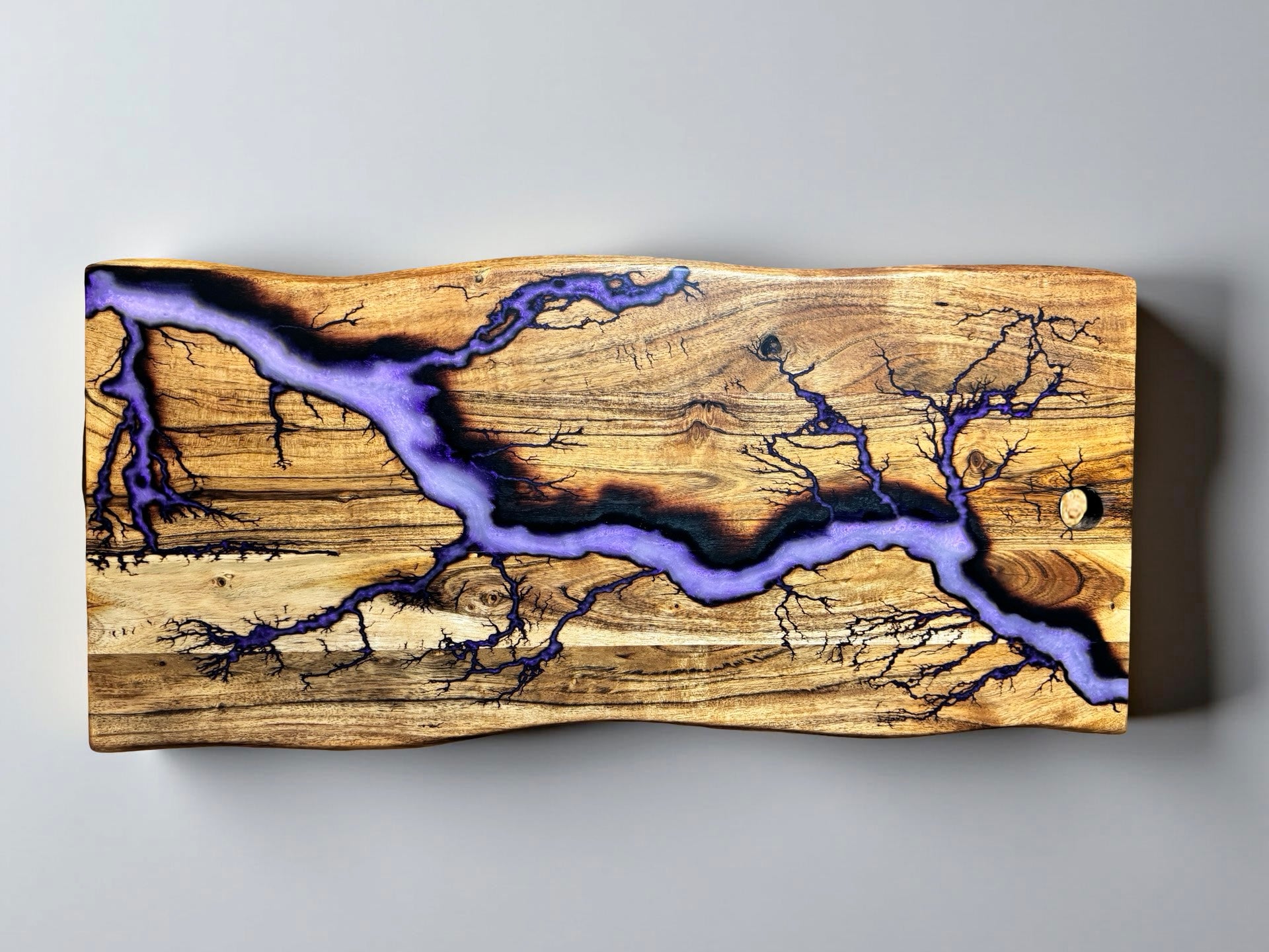 Live edge board iridescent purple resin art with electric lightning burn design, premium grazing board Australia