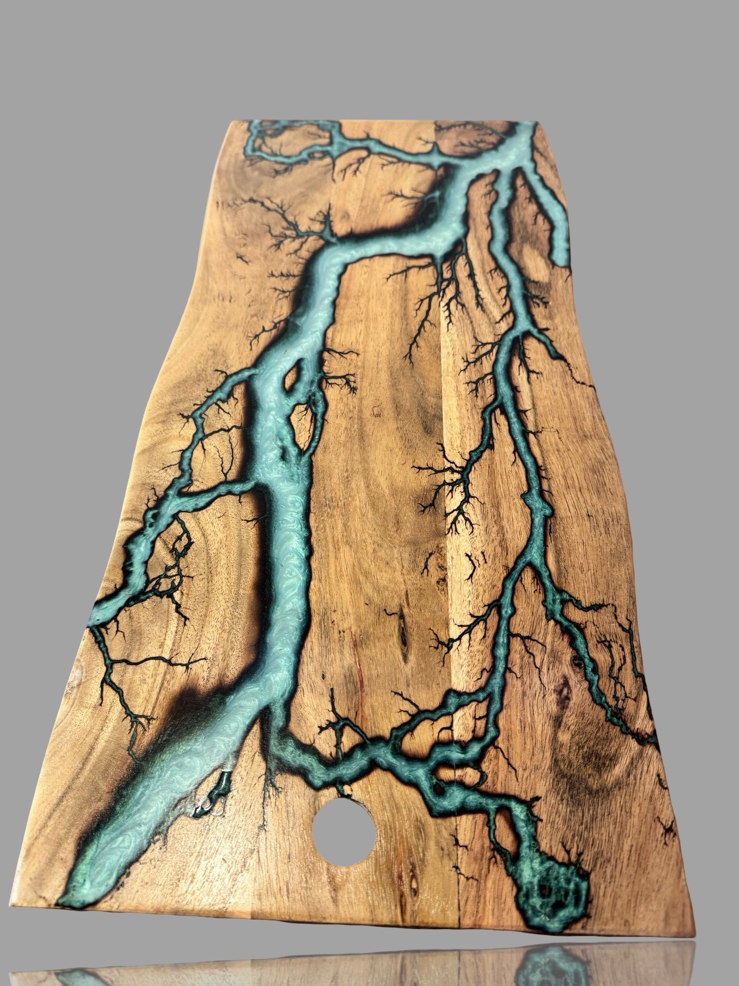 Sustainable Australian timber live edge resin serving board fractal burning detail electric resin art