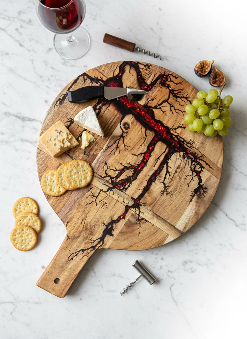 Resin cheese board featuring timber grain and fractal burnt artwork East Gippsland