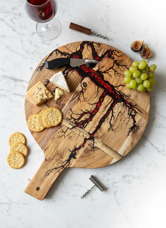 Resin cheese board featuring timber grain and fractal burnt artwork East Gippsland