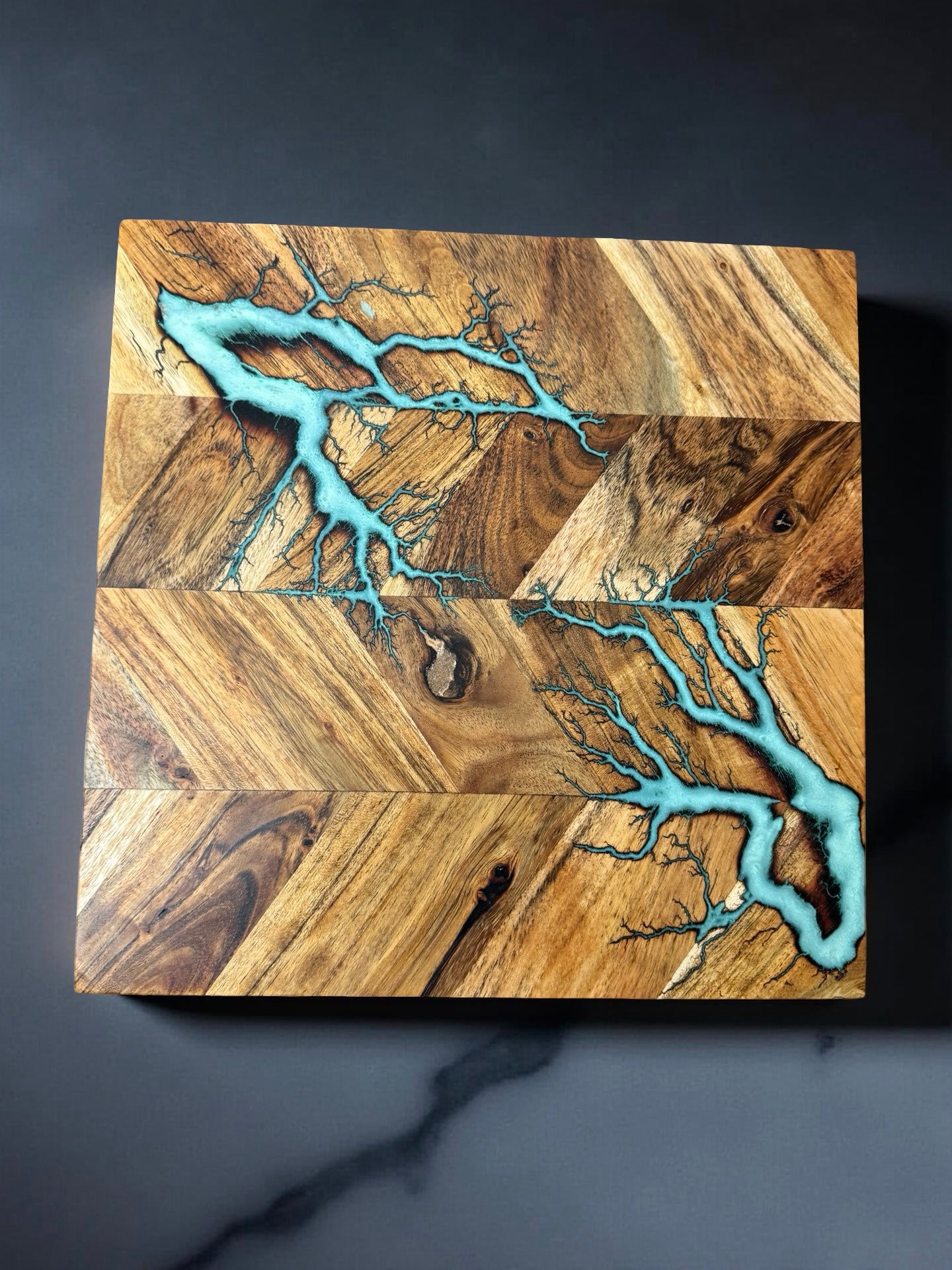 Food safe chopping board with resin inlay handmade by Fractal Flow Designs