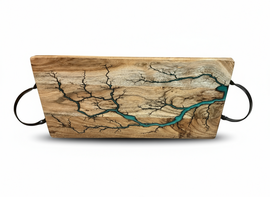 Fractal Flow Designs Aussie Resin Boards – luxury serving board handcrafted in East Gippsland, Victoria, artisan hardwood platter with bold resin inlay, perfect for cheese lovers and gourmet entertaining