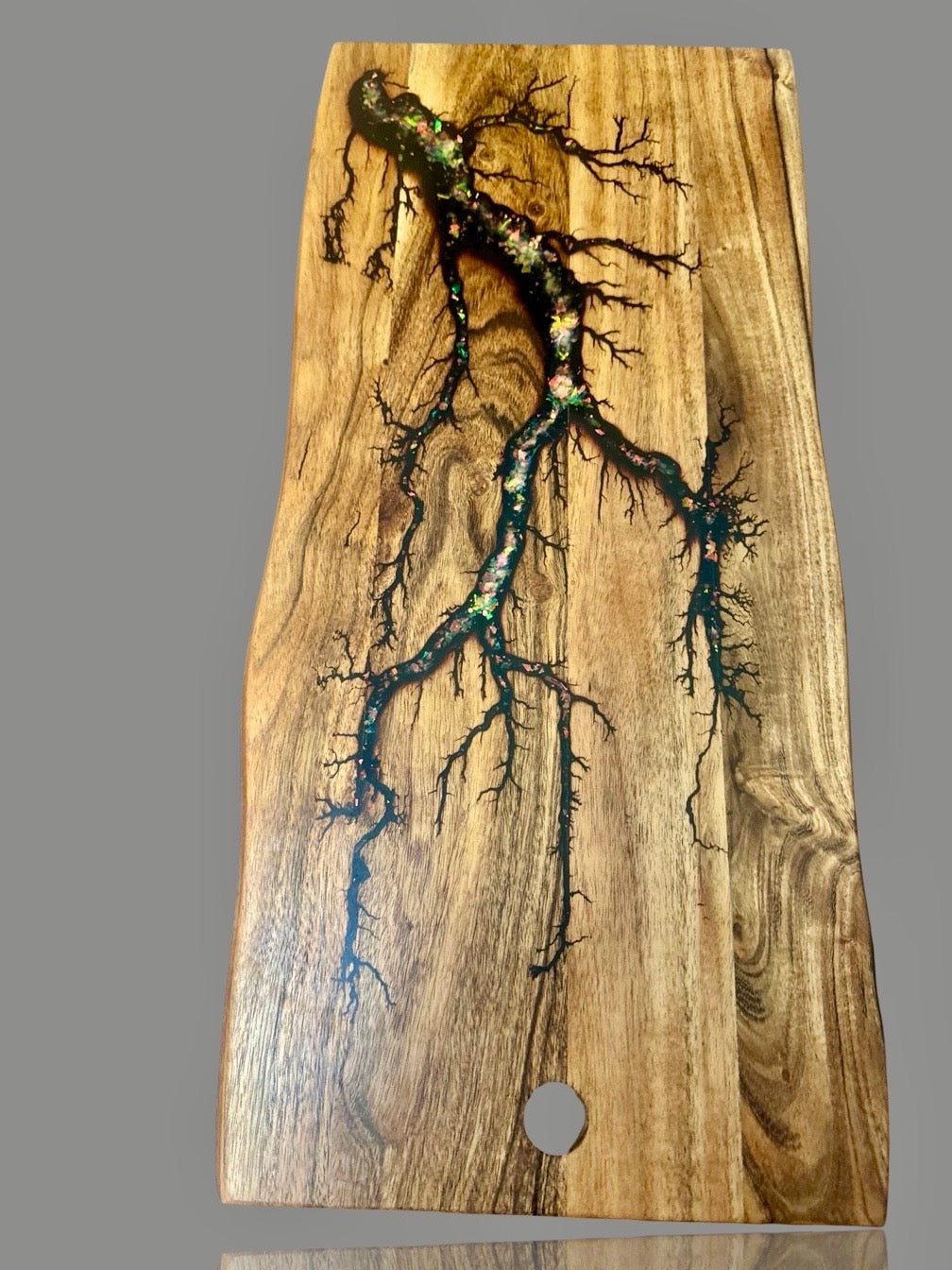 Rustic live edge timber serving platter with bold resin artwork, Australian artisan design