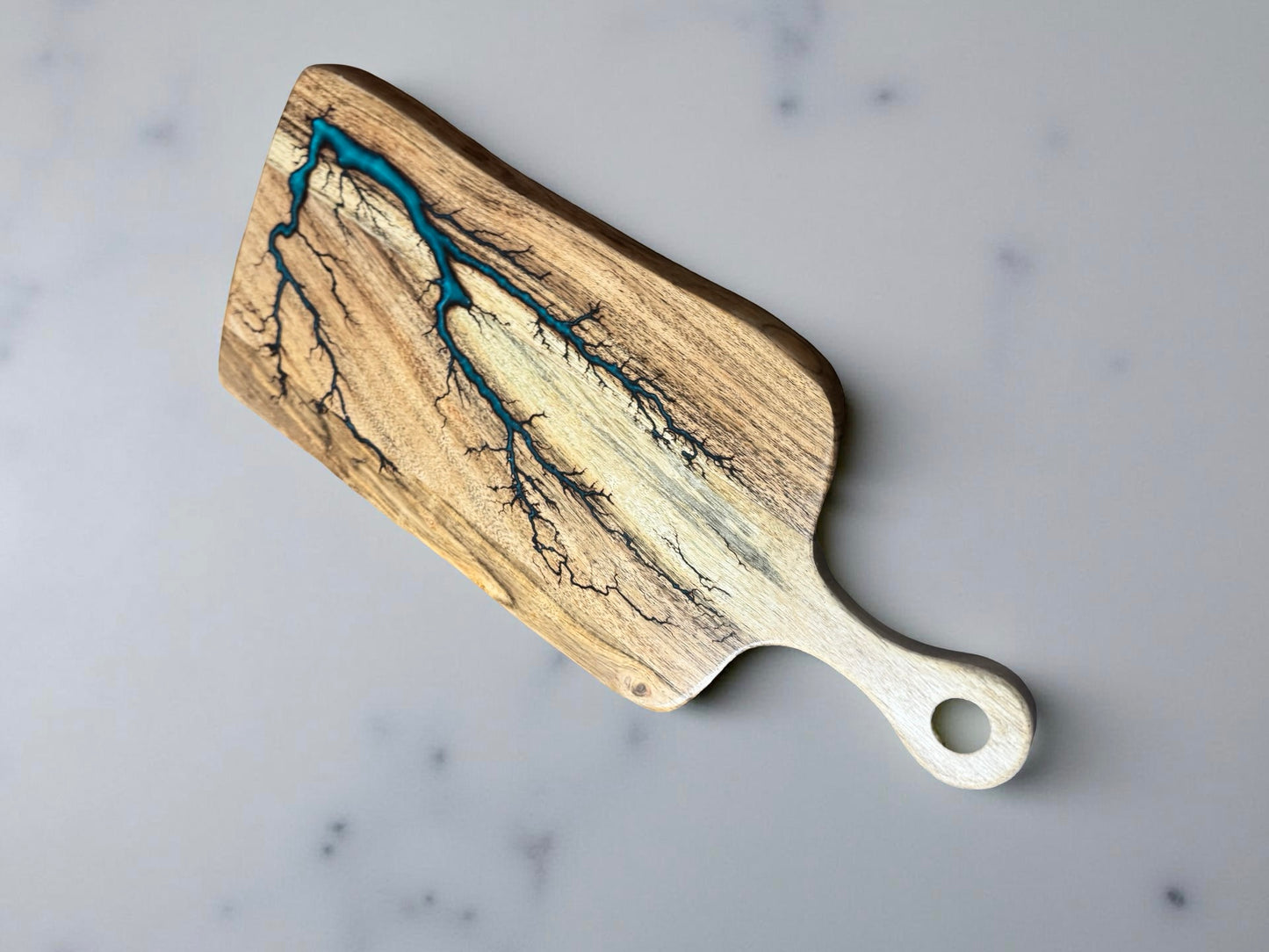 Teal resin rectangle serving board with fractal burn detail premium cheese board east gippsland