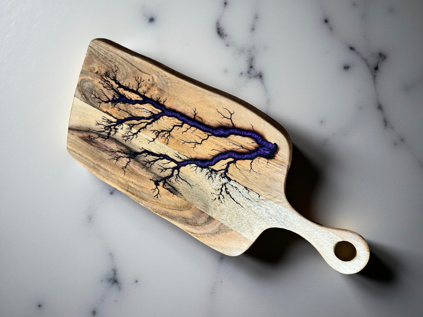 Acacia cheese paddle rectangle board purple resin boards Australia unique fractal burn artwork