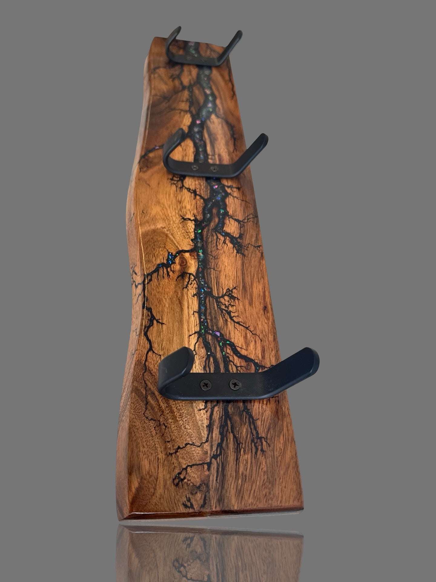Fractal Flow Designs timber coat rack featuring fractal burnt detailing. Artisan-made in Australia, perfect for organising coats, hats, and bags with premium style.