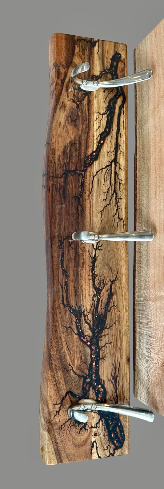 Rustic yet refined timber coat rack with fractal burning detail. Handmade in Victoria, Australia by Fractal Flow Designs – stylish wall-mounted storage solution.