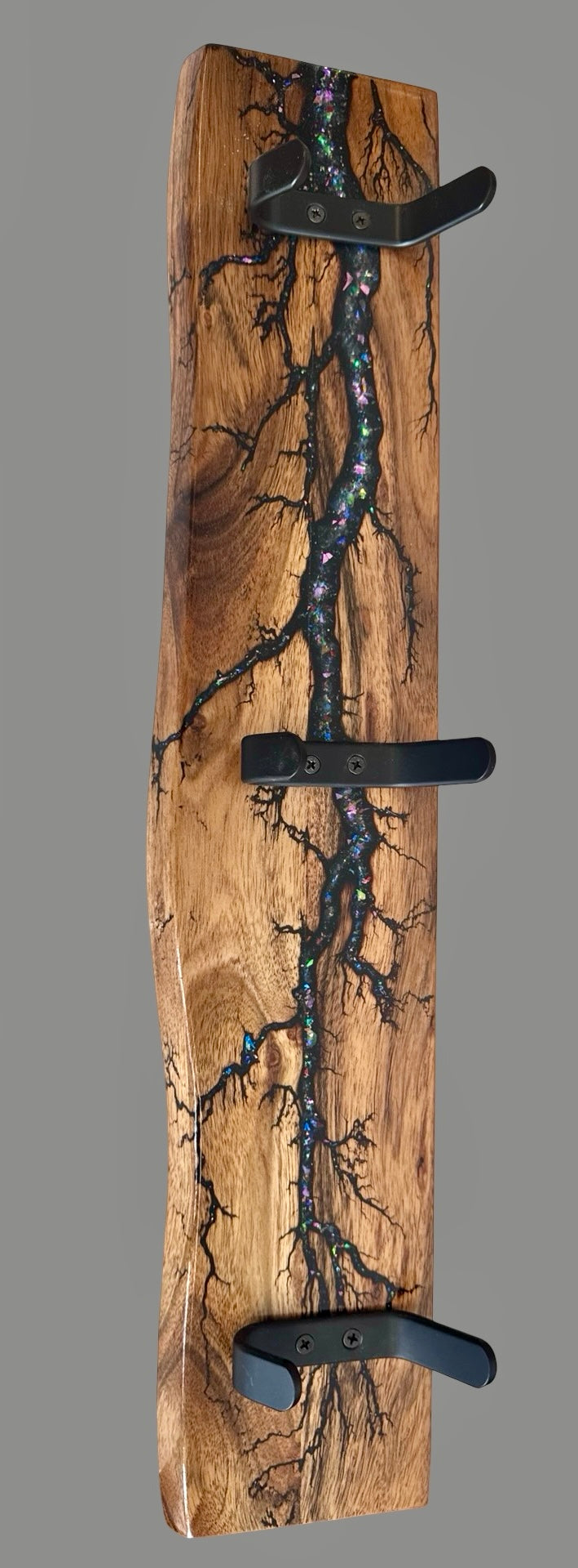 Rustic timber coat rack with fractal burn artwork by Fractal Flow Designs. Artisan Australian-made home décor piece crafted in Bairnsdale, East Gippsland.