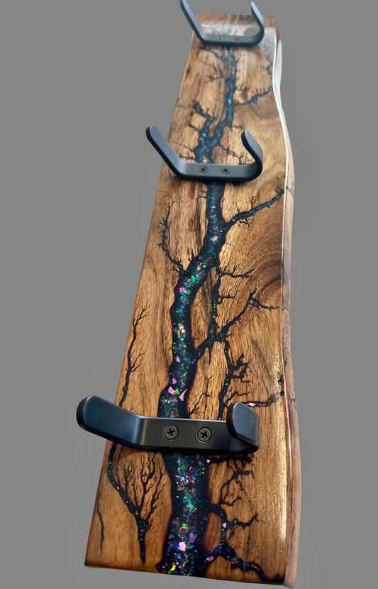 Fractal Flow Designs timber coat rack, handmade in Victoria, Australia. Durable wall rack with fractal burning for coats, hats, and bags – premium home décor Australia